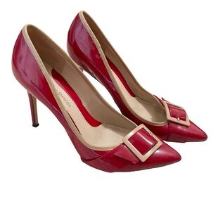 Leather Patent Stilettos Sz 10 Buckle at Toe Red & Tan Trim Carolinna Espinosa